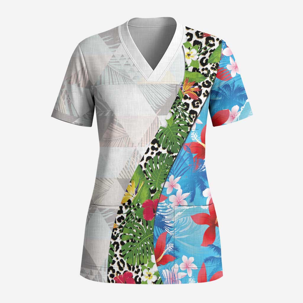 Hawaiian Tropical Flowers and Leaves Scrub Top on Leopard Pattern Half Style White-Blue Version - Polynesian Pride