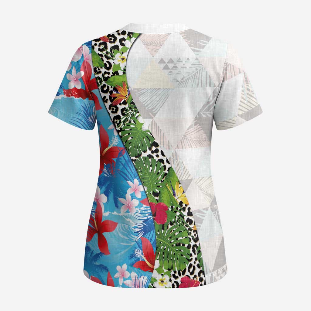 Hawaiian Tropical Flowers and Leaves Scrub Top on Leopard Pattern Half Style White-Blue Version - Polynesian Pride