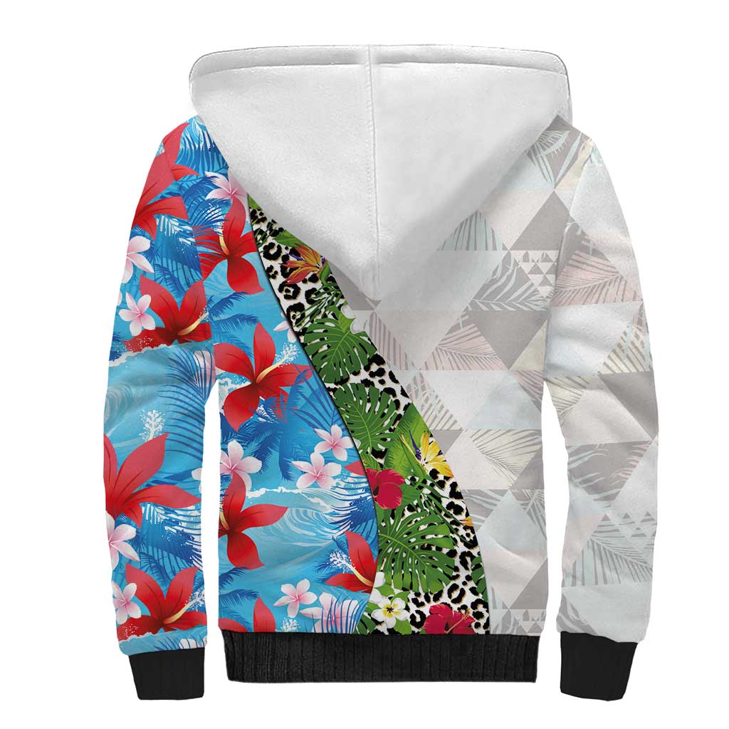 Hawaiian Tropical Flowers and Leaves Sherpa Hoodie on Leopard Pattern Half Style White-Blue Version LT03 - Polynesian Pride