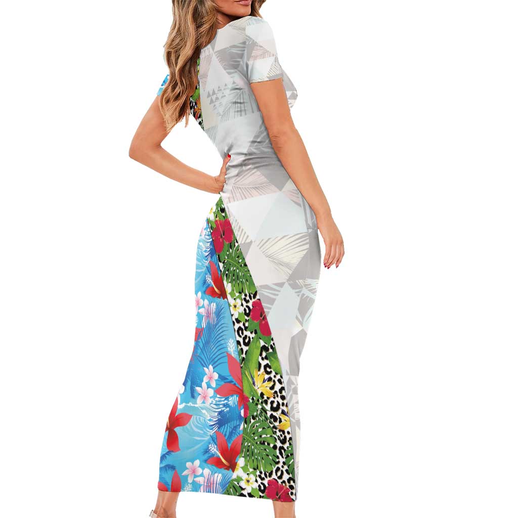 Hawaiian Tropical Flowers and Leaves Short Sleeve Bodycon Dress on Leopard Pattern Half Style White-Blue Version - Polynesian Pride