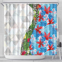Hawaiian Tropical Flowers and Leaves Shower Curtain on Leopard Pattern Half Style White-Blue Version - Polynesian Pride