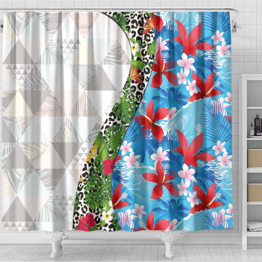 Hawaiian Tropical Flowers and Leaves Shower Curtain on Leopard Pattern Half Style White-Blue Version - Polynesian Pride