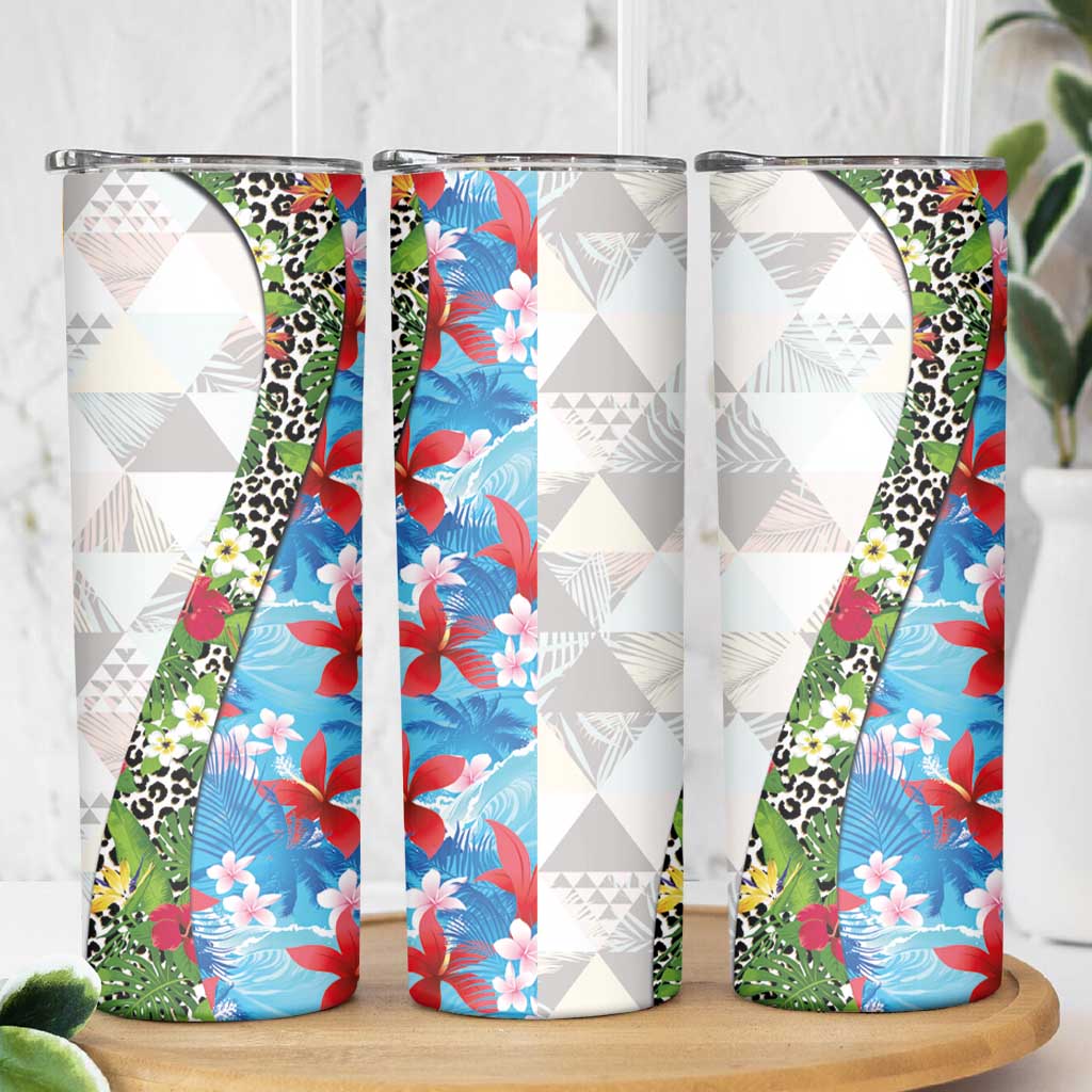 Hawaiian Tropical Flowers and Leaves Skinny Tumbler on Leopard Pattern Half Style White-Blue Version - Polynesian Pride