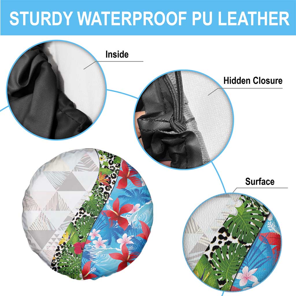 Hawaiian Tropical Flowers and Leaves Spare Tire Cover on Leopard Pattern Half Style White-Blue Version - Polynesian Pride