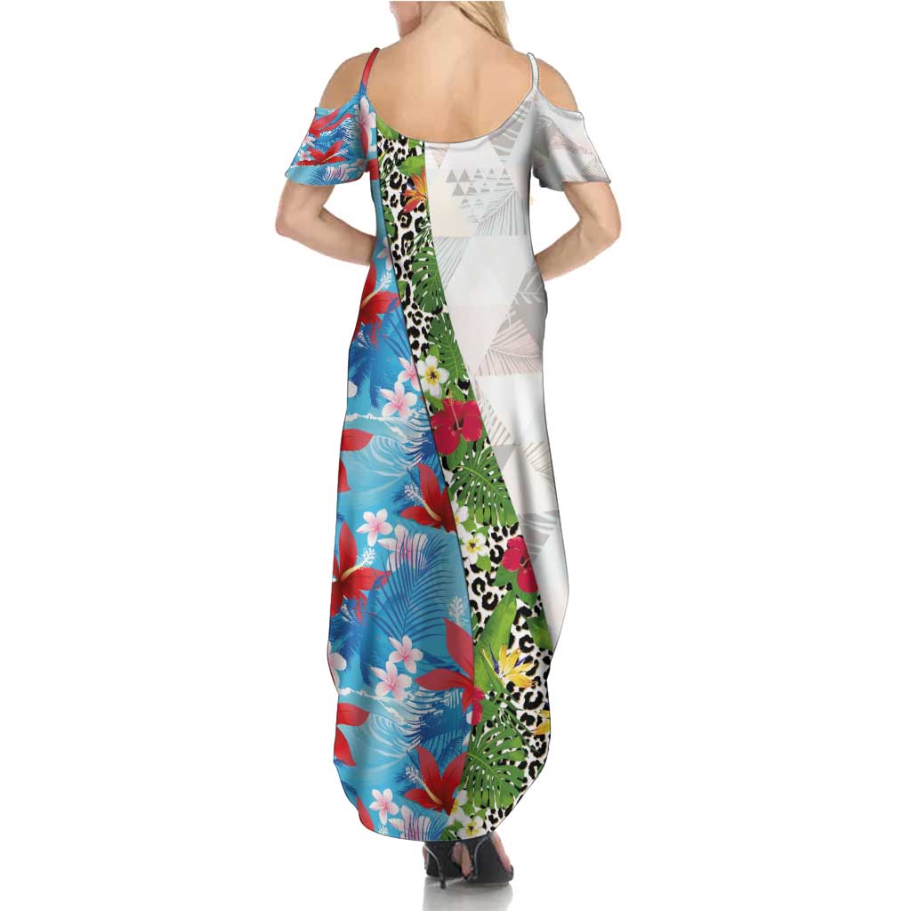 Hawaiian Tropical Flowers and Leaves Summer Maxi Dress on Leopard Pattern Half Style White-Blue Version - Polynesian Pride