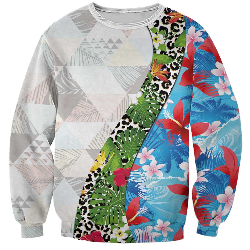 Hawaiian Tropical Flowers and Leaves Sweatshirt on Leopard Pattern Half Style White-Blue Version LT03 Unisex White - Polynesian Pride