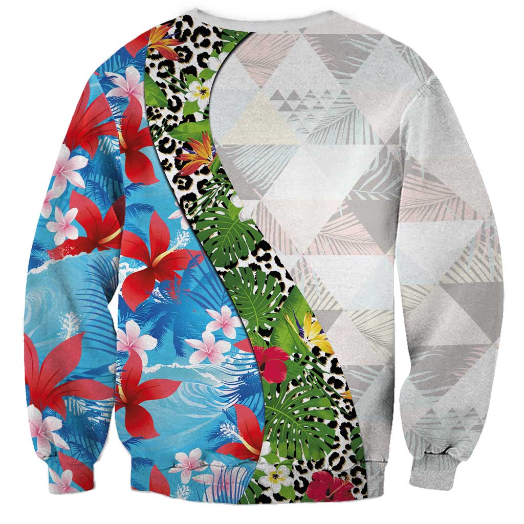 Hawaiian Tropical Flowers and Leaves Sweatshirt on Leopard Pattern Half Style White-Blue Version LT03 - Polynesian Pride