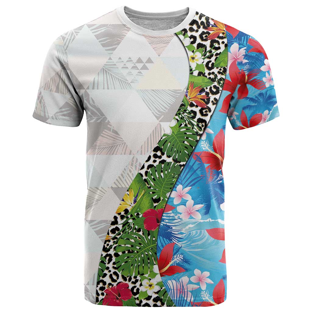 Hawaiian Tropical Flowers and Leaves T Shirt on Leopard Pattern Half Style White-Blue Version - Polynesian Pride