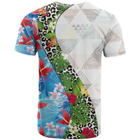 Hawaiian Tropical Flowers and Leaves T Shirt on Leopard Pattern Half Style White-Blue Version - Polynesian Pride