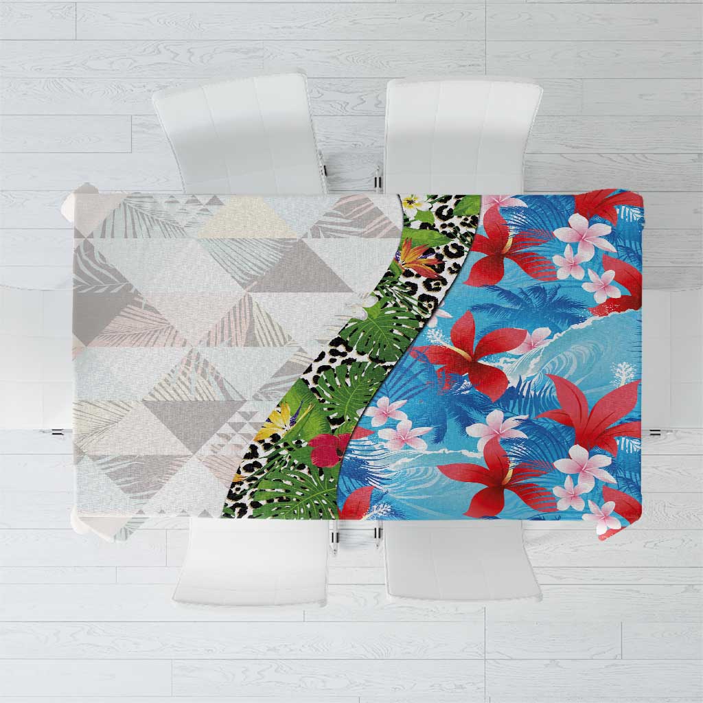 Hawaiian Tropical Flowers and Leaves Tablecloth on Leopard Pattern Half Style White-Blue Version LT03 White - Polynesian Pride