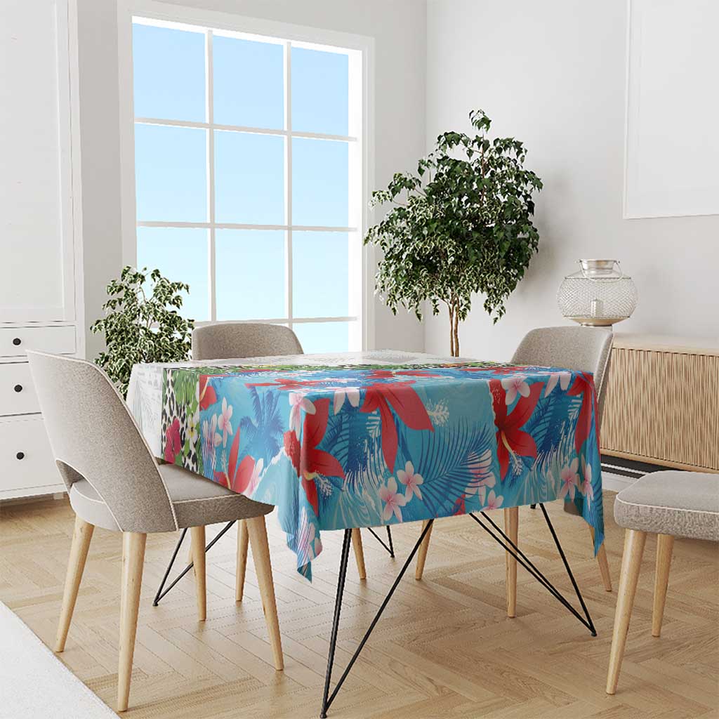 Hawaiian Tropical Flowers and Leaves Tablecloth on Leopard Pattern Half Style White-Blue Version LT03 - Polynesian Pride