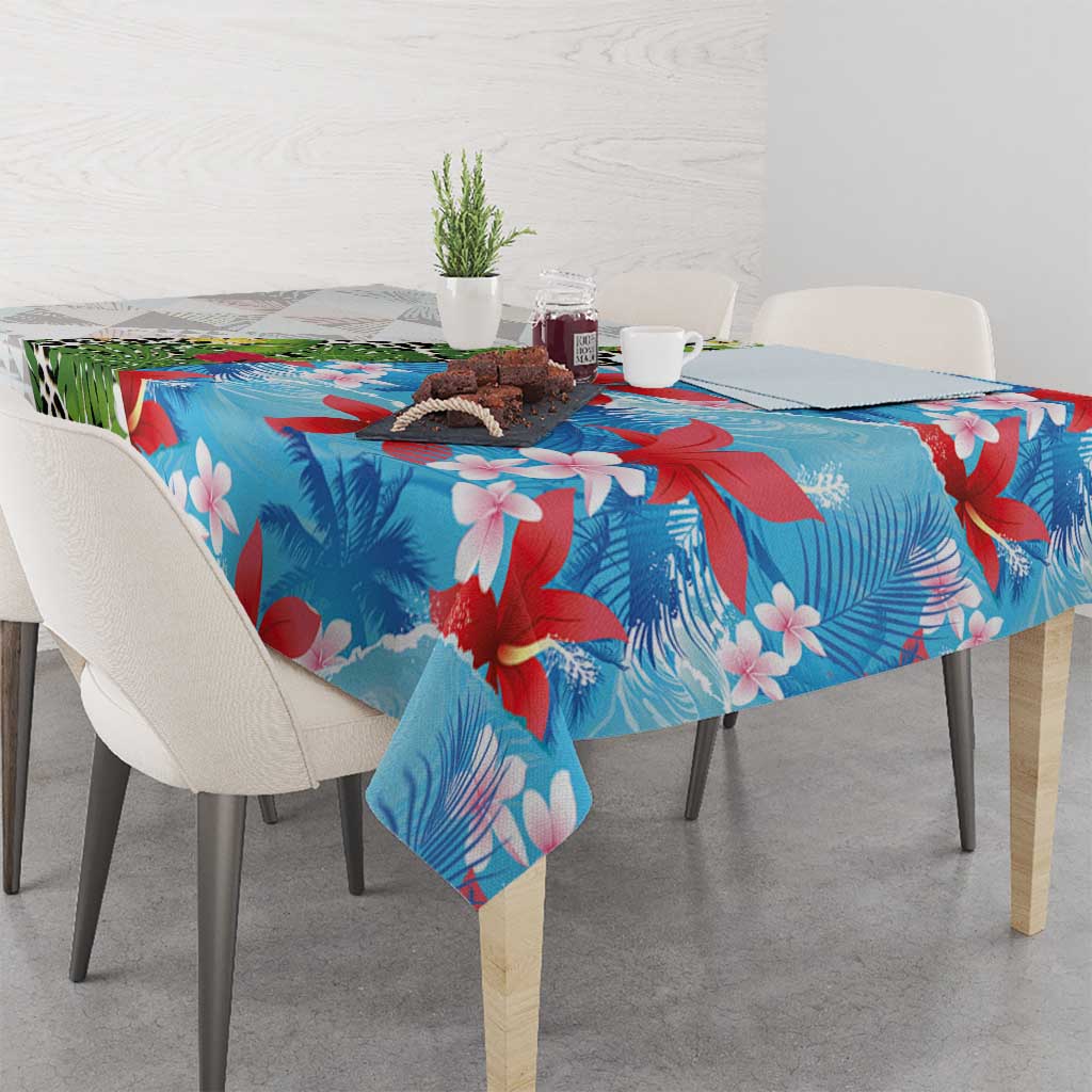 Hawaiian Tropical Flowers and Leaves Tablecloth on Leopard Pattern Half Style White-Blue Version LT03 - Polynesian Pride