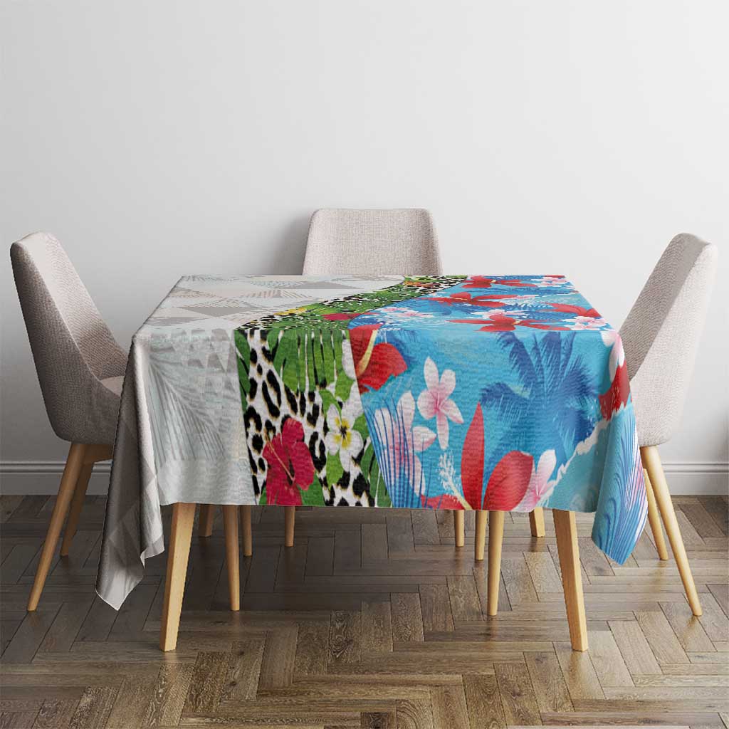 Hawaiian Tropical Flowers and Leaves Tablecloth on Leopard Pattern Half Style White-Blue Version LT03 - Polynesian Pride