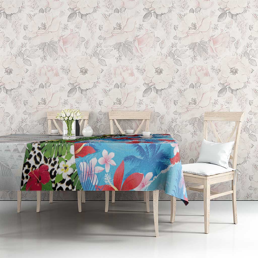 Hawaiian Tropical Flowers and Leaves Tablecloth on Leopard Pattern Half Style White-Blue Version LT03 - Polynesian Pride