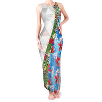 Hawaiian Tropical Flowers and Leaves Tank Maxi Dress on Leopard Pattern Half Style White-Blue Version - Polynesian Pride