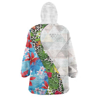 Hawaiian Tropical Flowers and Leaves Wearable Blanket Hoodie on Leopard Pattern Half Style White-Blue Version LT03 - Polynesian Pride