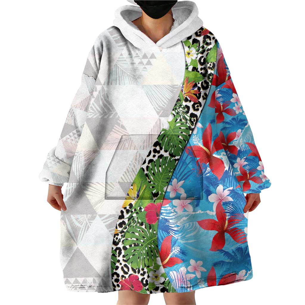 Hawaiian Tropical Flowers and Leaves Wearable Blanket Hoodie on Leopard Pattern Half Style White-Blue Version LT03 - Polynesian Pride