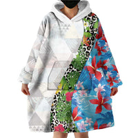 Hawaiian Tropical Flowers and Leaves Wearable Blanket Hoodie on Leopard Pattern Half Style White-Blue Version LT03 - Polynesian Pride