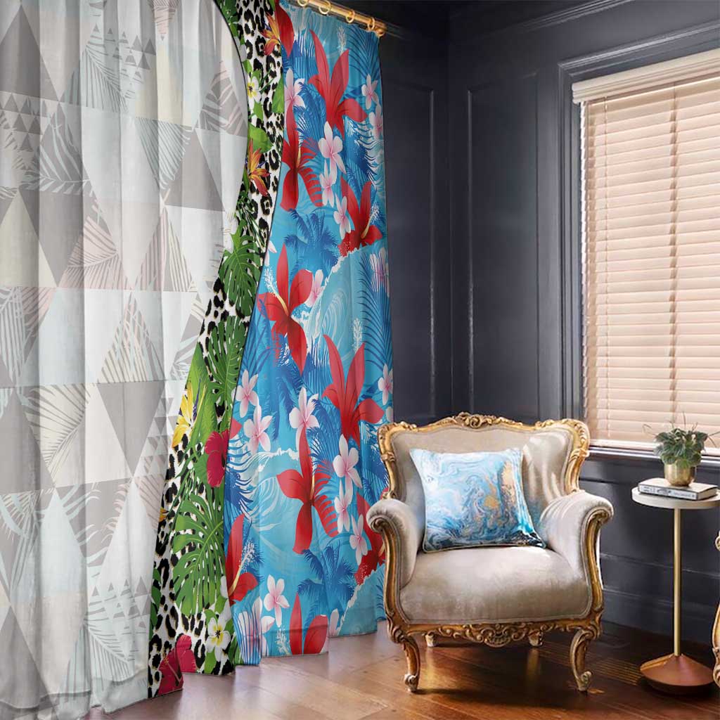Hawaiian Tropical Flowers and Leaves Window Curtain on Leopard Pattern Half Style White-Blue Version - Polynesian Pride