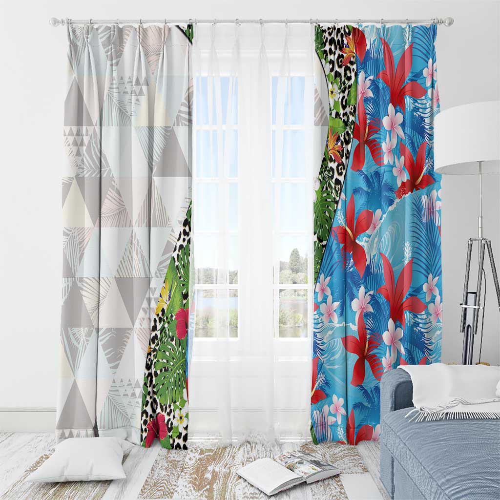 Hawaiian Tropical Flowers and Leaves Window Curtain on Leopard Pattern Half Style White-Blue Version - Polynesian Pride
