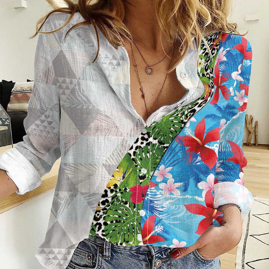 Hawaiian Tropical Flowers and Leaves Women Casual Shirt on Leopard Pattern Half Style White-Blue Version - Polynesian Pride