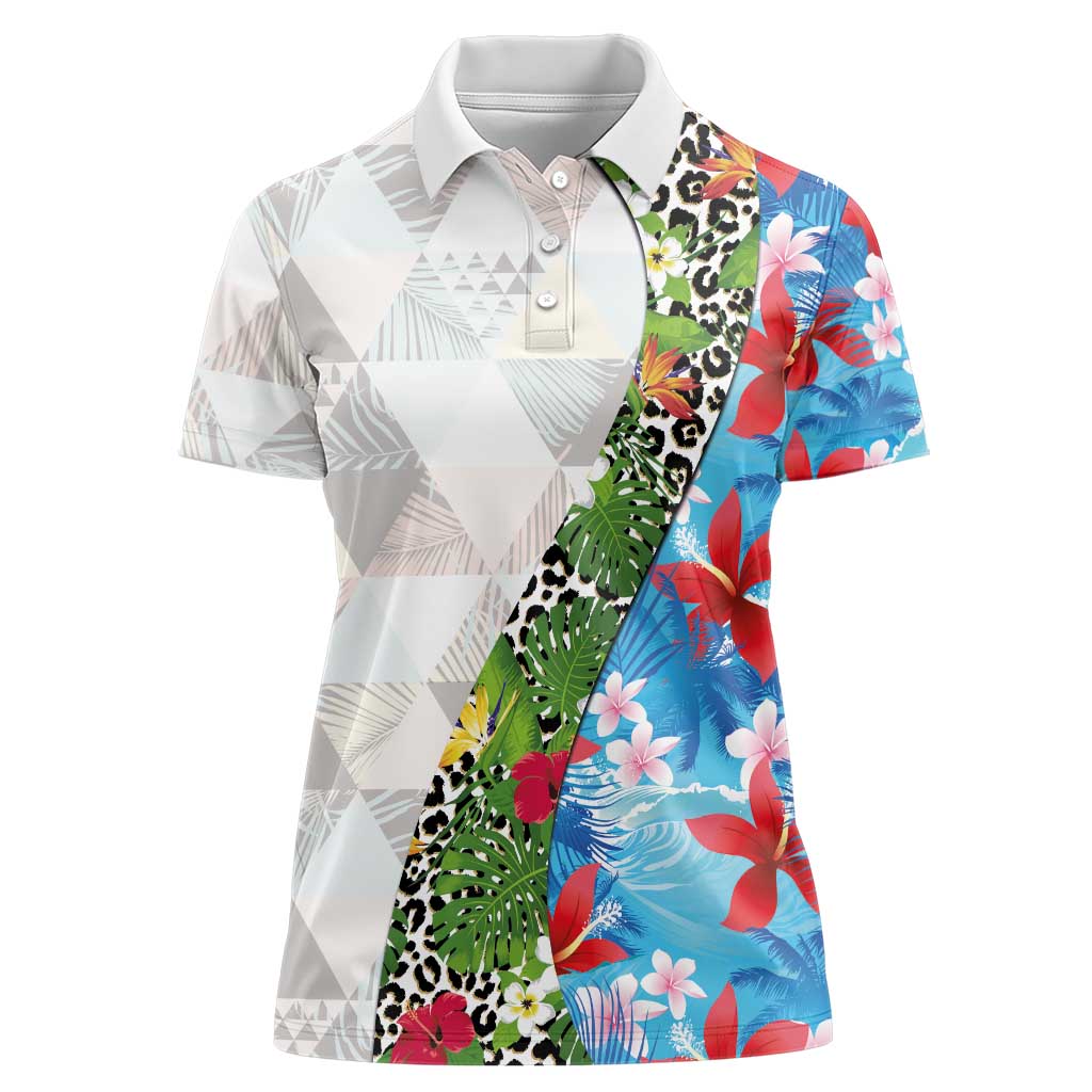 Hawaiian Tropical Flowers and Leaves Women Polo Shirt on Leopard Pattern Half Style White-Blue Version - Polynesian Pride