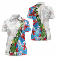 Hawaiian Tropical Flowers and Leaves Women Polo Shirt on Leopard Pattern Half Style White-Blue Version - Polynesian Pride