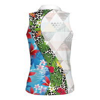 Hawaiian Tropical Flowers and Leaves Women Sleeveless Polo Shirt on Leopard Pattern Half Style White-Blue Version - Polynesian Pride