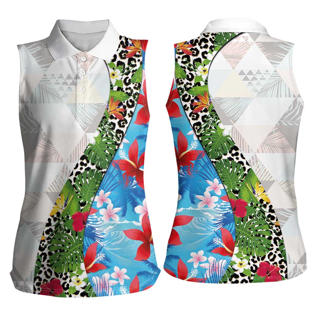 Hawaiian Tropical Flowers and Leaves Women Sleeveless Polo Shirt on Leopard Pattern Half Style White-Blue Version - Polynesian Pride