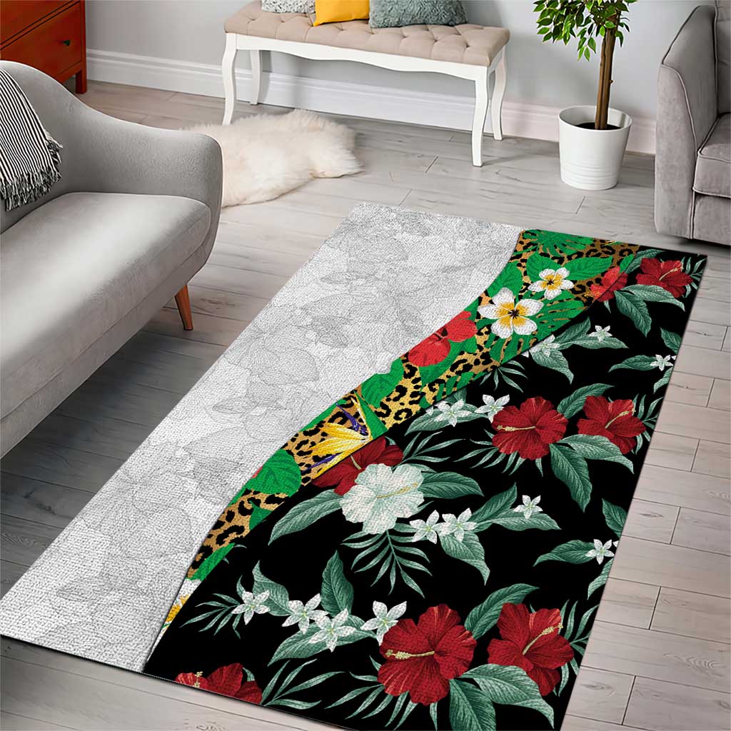Hawaiian Tropical Flowers and Leaves Area Rug on Leopard Pattern Half Style White-Black Version - Polynesian Pride
