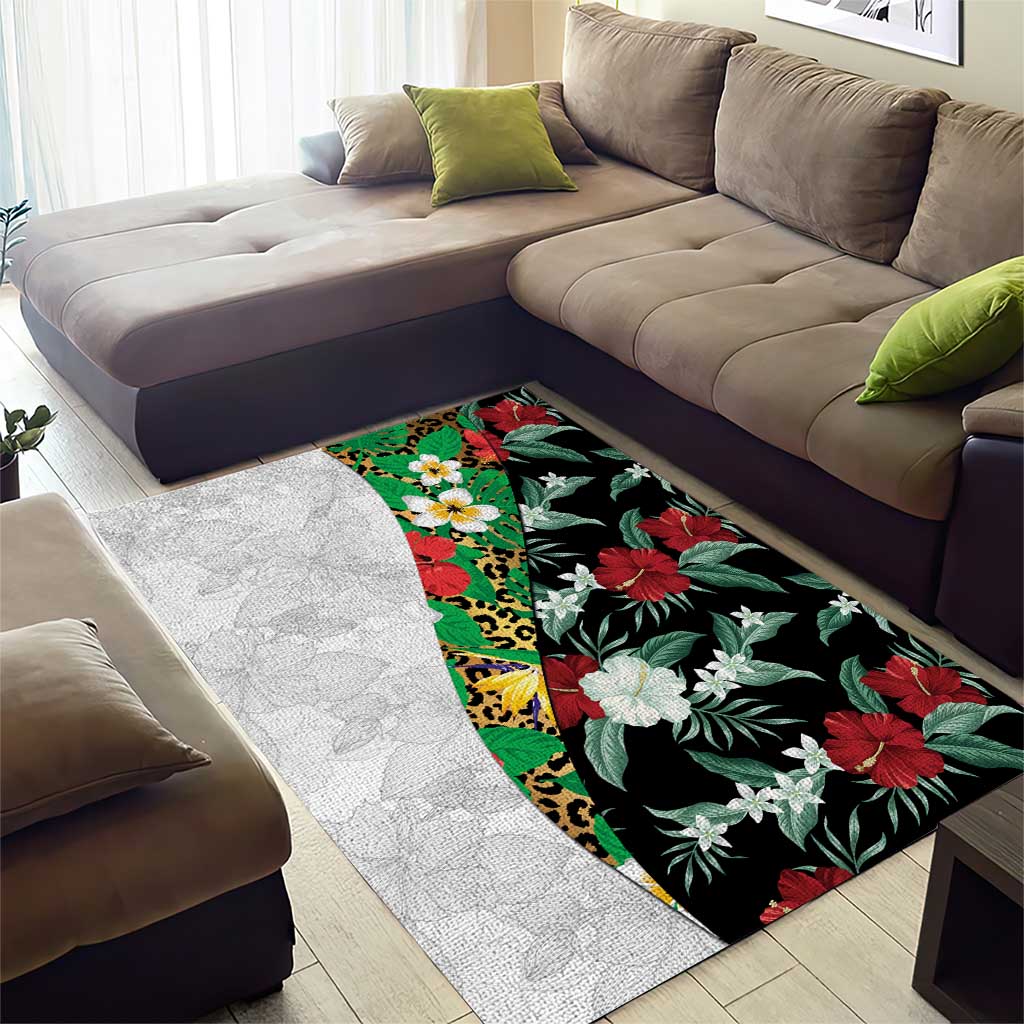 Hawaiian Tropical Flowers and Leaves Area Rug on Leopard Pattern Half Style White-Black Version - Polynesian Pride