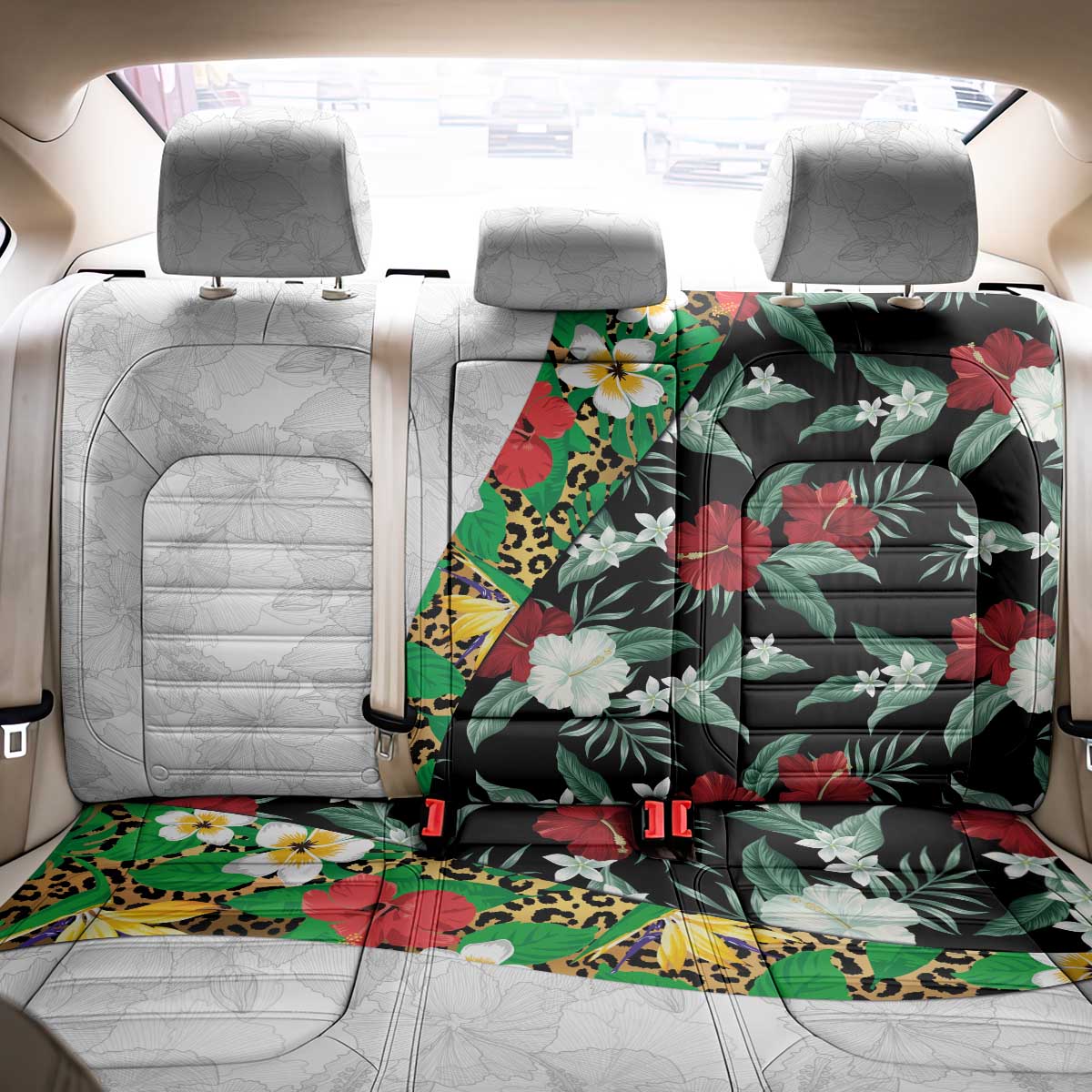 Hawaiian Tropical Flowers and Leaves Back Car Seat Cover on Leopard Pattern Half Style White-Black Version - Polynesian Pride