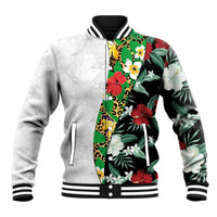 Hawaiian Tropical Flowers and Leaves Baseball Jacket on Leopard Pattern Half Style White-Black Version LT03 Unisex White - Polynesian Pride