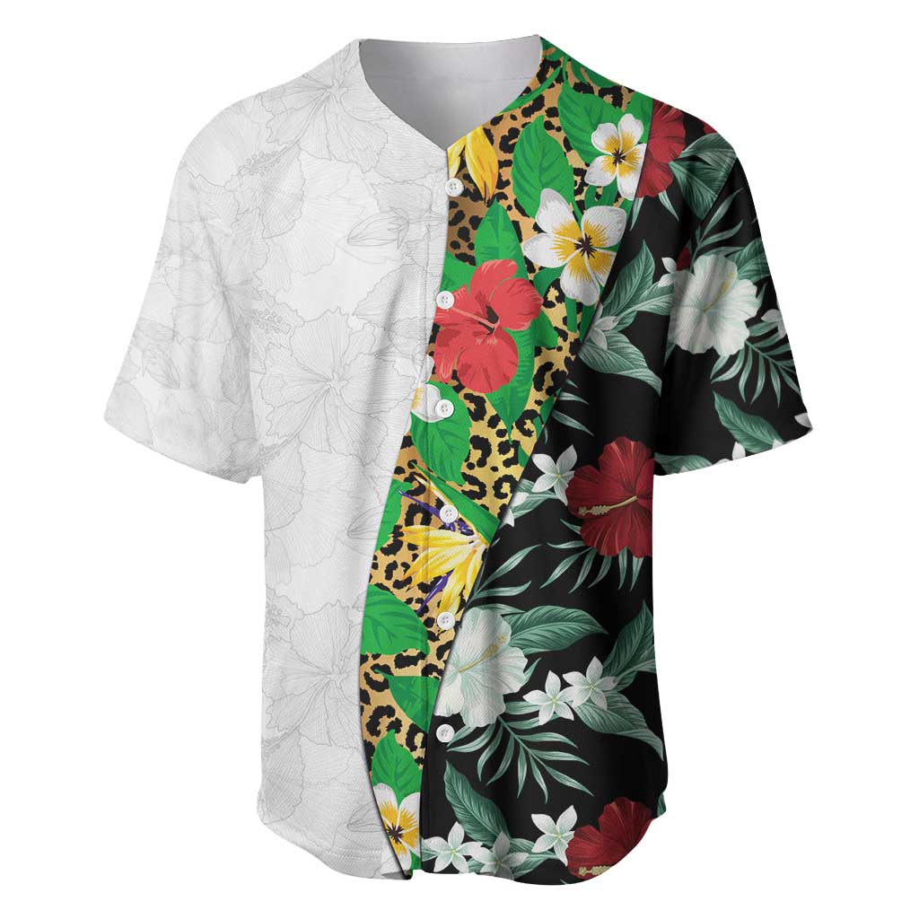 Hawaiian Tropical Flowers and Leaves Baseball Jersey on Leopard Pattern Half Style White-Black Version - Polynesian Pride