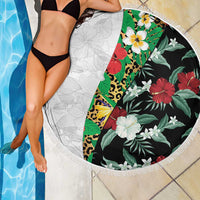Hawaiian Tropical Flowers and Leaves Beach Blanket on Leopard Pattern Half Style White-Black Version LT03 - Polynesian Pride