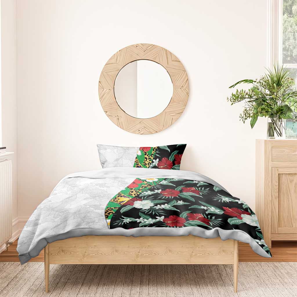 Hawaiian Tropical Flowers and Leaves Bedding Set on Leopard Pattern Half Style White-Black Version - Polynesian Pride