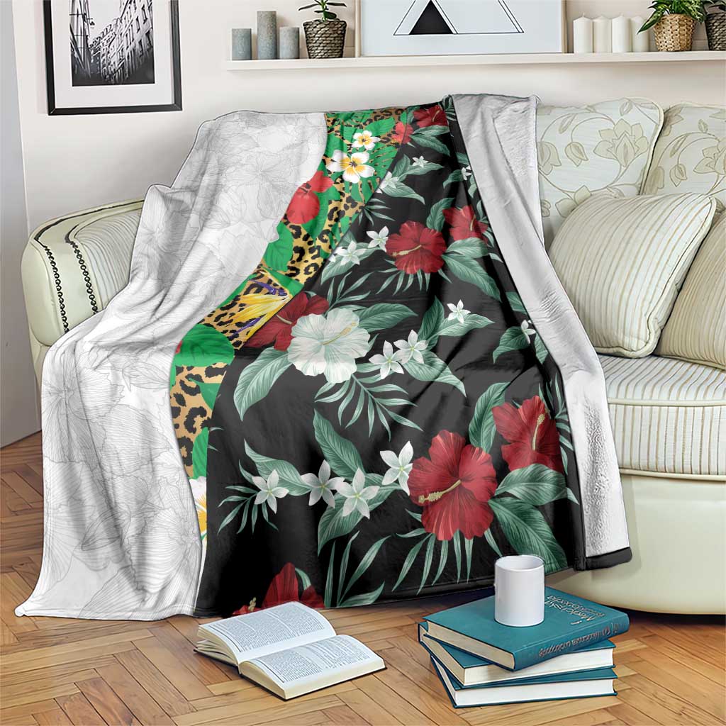 Hawaiian Tropical Flowers and Leaves Blanket on Leopard Pattern Half Style White-Black Version - Polynesian Pride