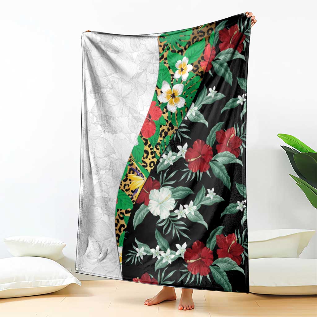 Hawaiian Tropical Flowers and Leaves Blanket on Leopard Pattern Half Style White-Black Version - Polynesian Pride