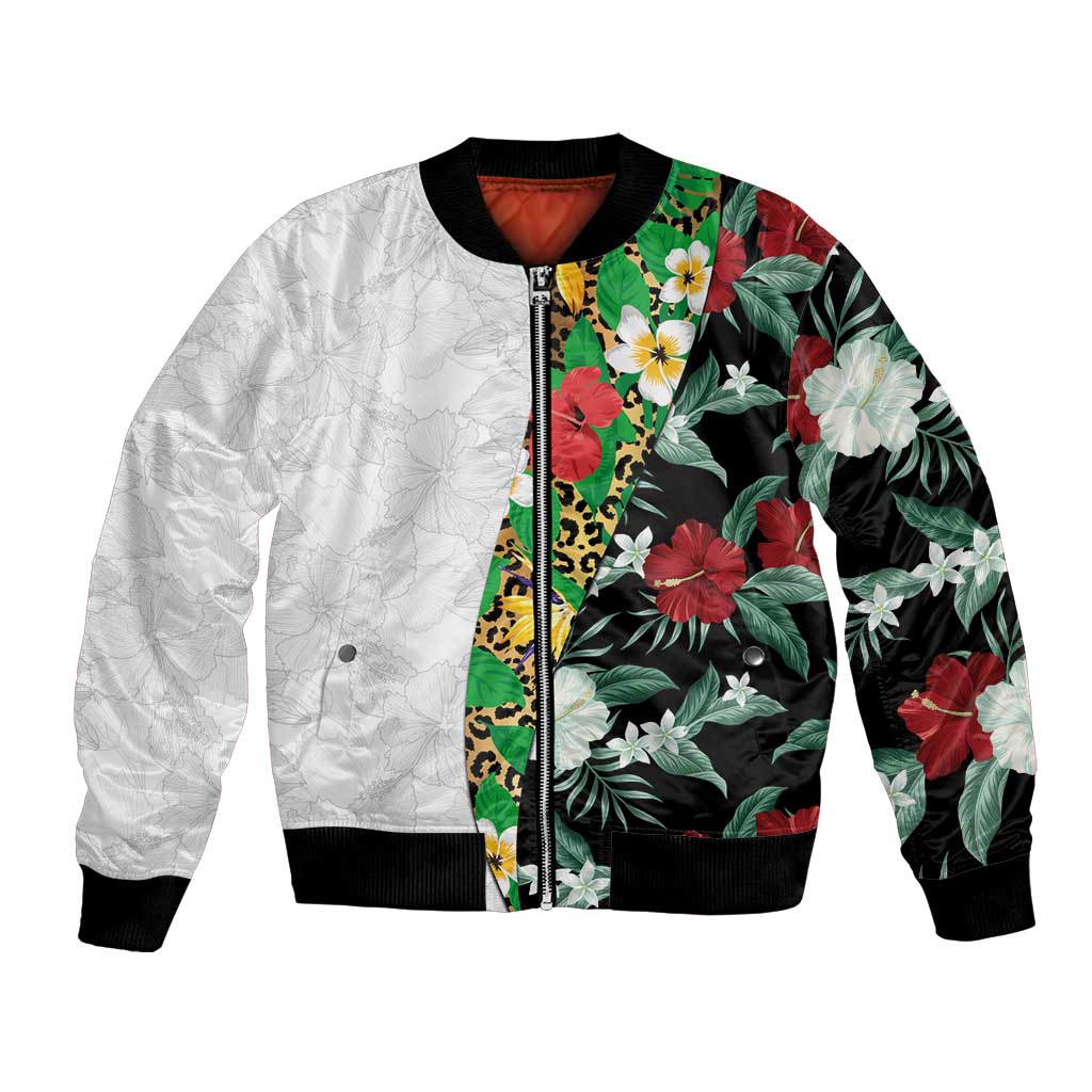 Hawaiian Tropical Flowers and Leaves Bomber Jacket on Leopard Pattern Half Style White-Black Version - Polynesian Pride