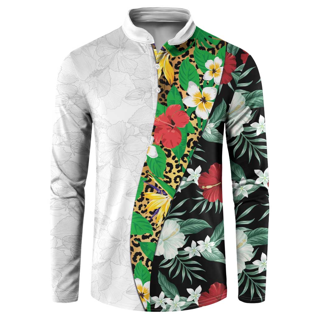 Hawaiian Tropical Flowers and Leaves Button Sweatshirt on Leopard Pattern Half Style White-Black Version LT03 White - Polynesian Pride
