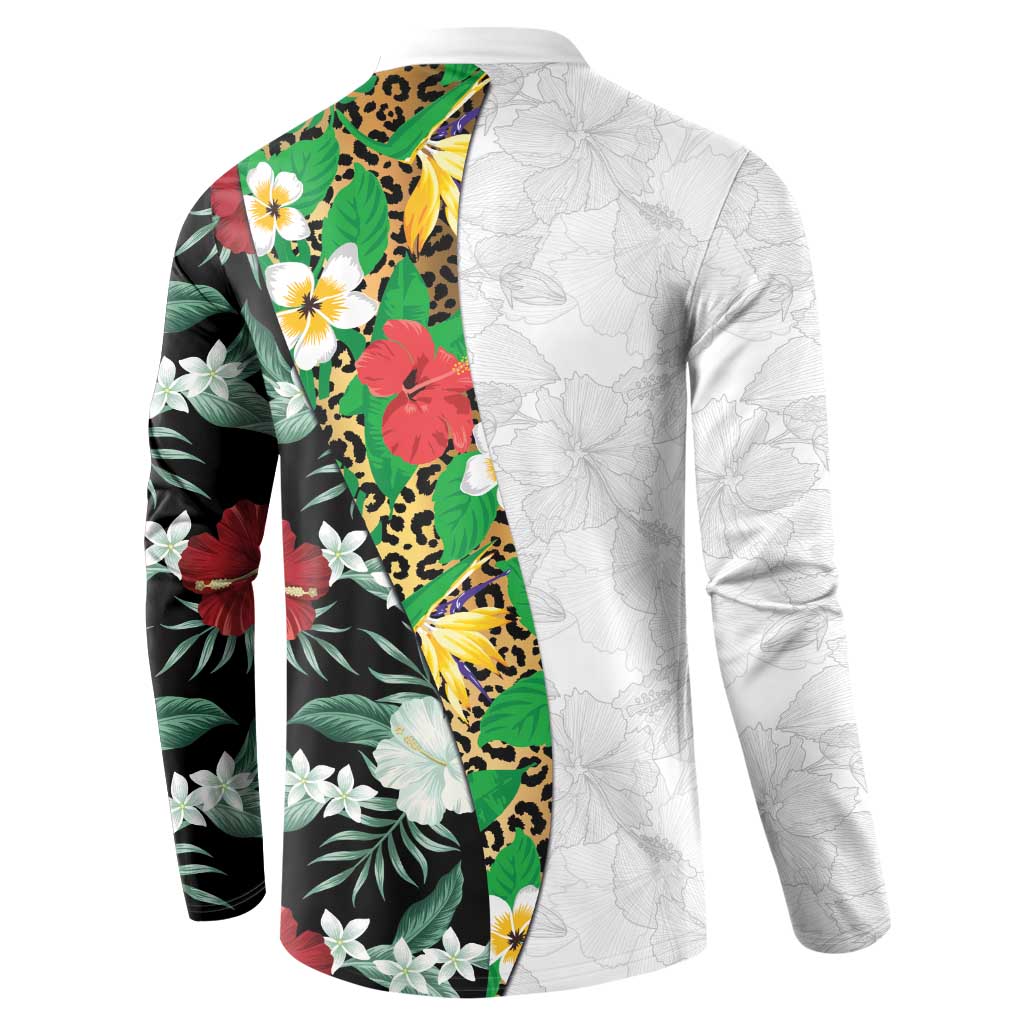 Hawaiian Tropical Flowers and Leaves Button Sweatshirt on Leopard Pattern Half Style White-Black Version LT03 - Polynesian Pride
