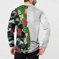 Hawaiian Tropical Flowers and Leaves Button Sweatshirt on Leopard Pattern Half Style White-Black Version LT03 - Polynesian Pride