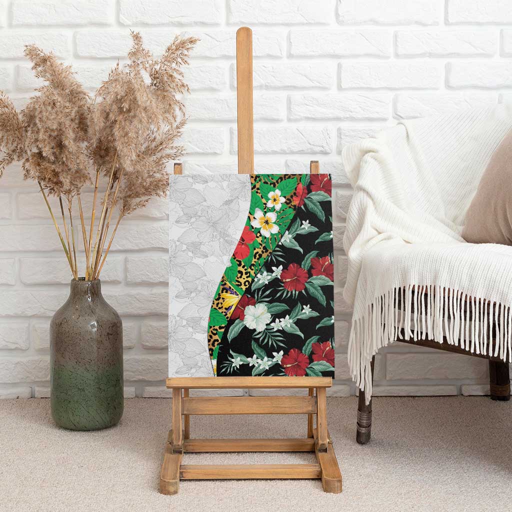 Hawaiian Tropical Flowers and Leaves Canvas Wall Art on Leopard Pattern Half Style White-Black Version LT03 - Polynesian Pride