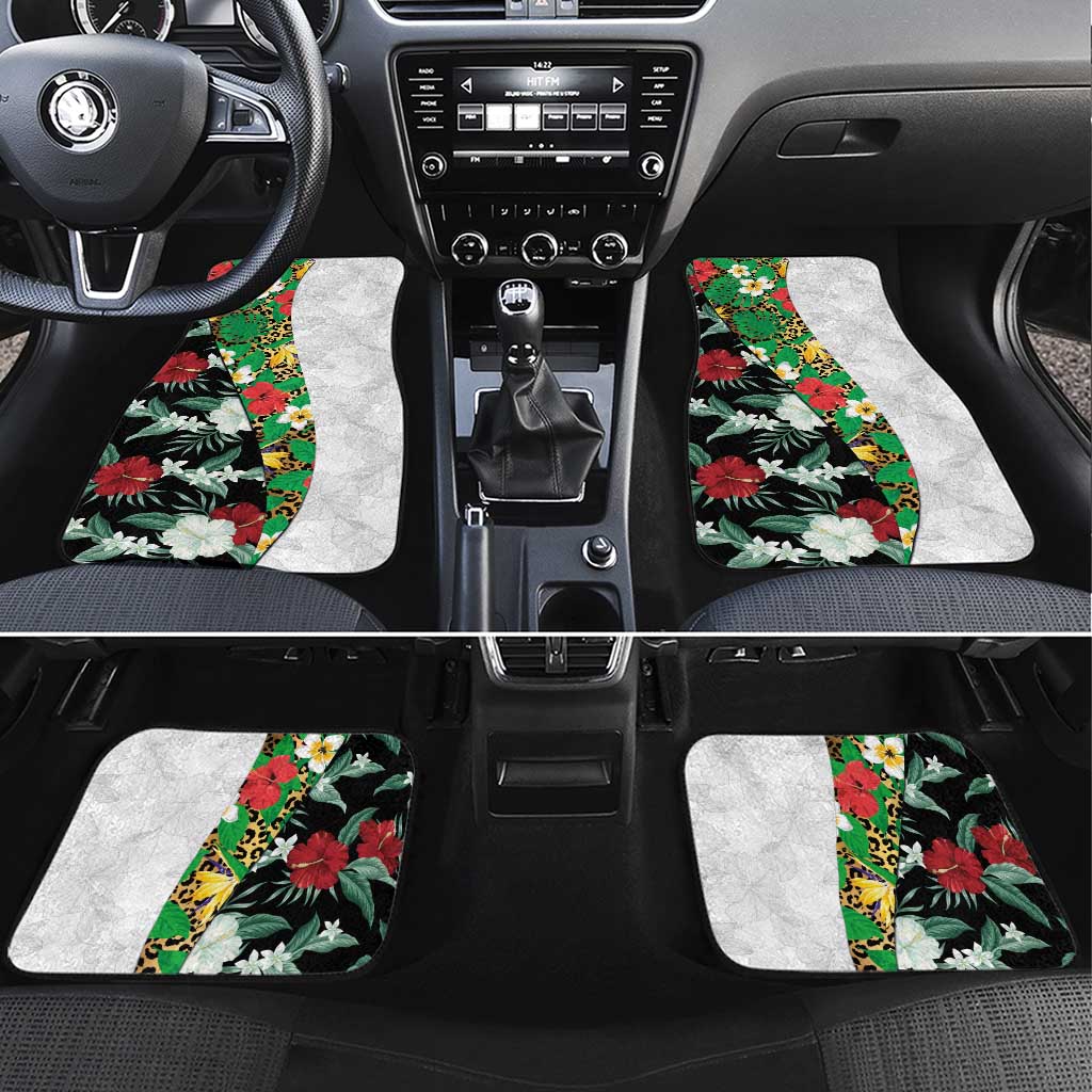 Hawaiian Tropical Flowers and Leaves Car Mats on Leopard Pattern Half Style White-Black Version - Polynesian Pride