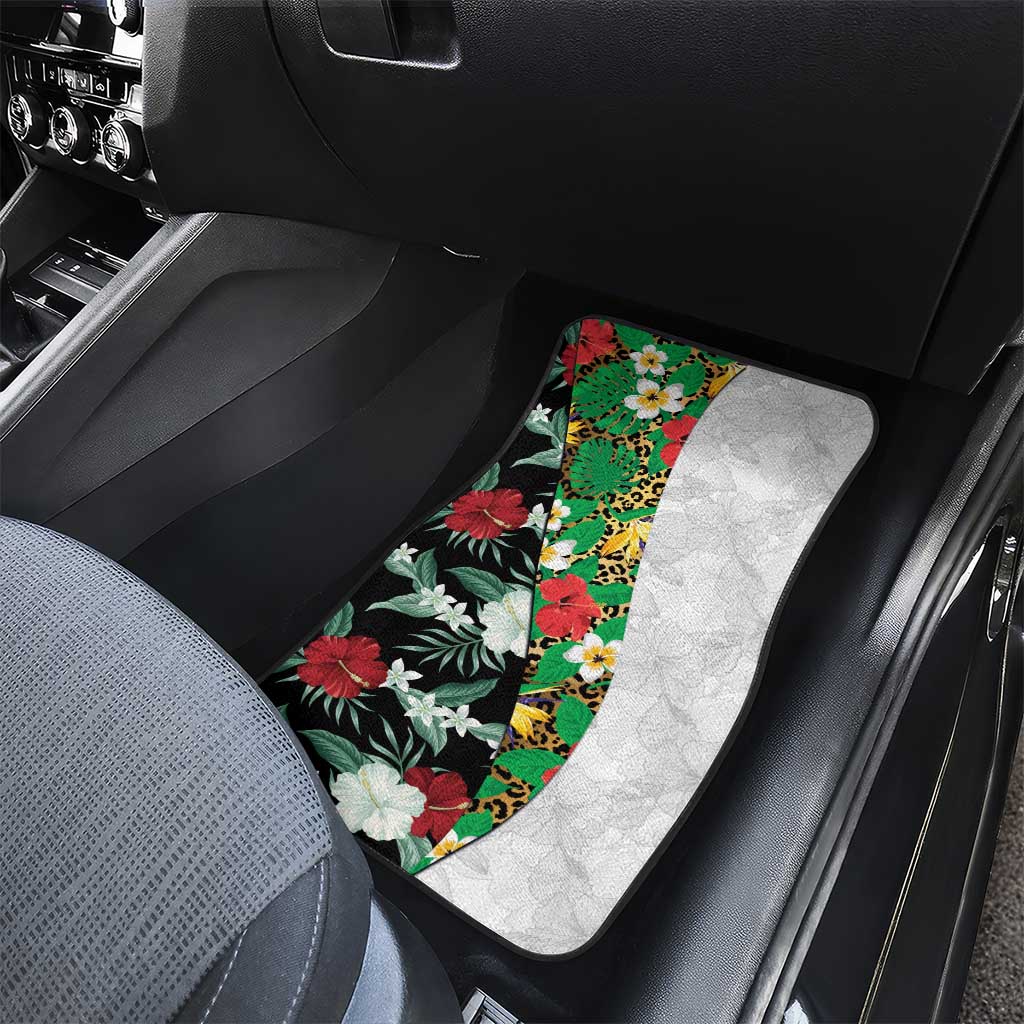Hawaiian Tropical Flowers and Leaves Car Mats on Leopard Pattern Half Style White-Black Version - Polynesian Pride
