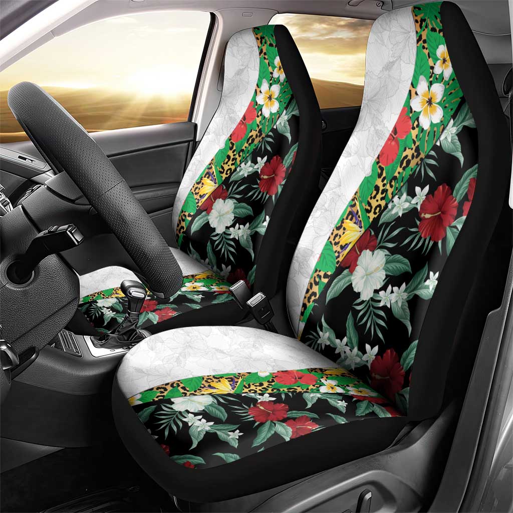 Hawaiian Tropical Flowers and Leaves Car Seat Cover on Leopard Pattern Half Style White-Black Version - Polynesian Pride