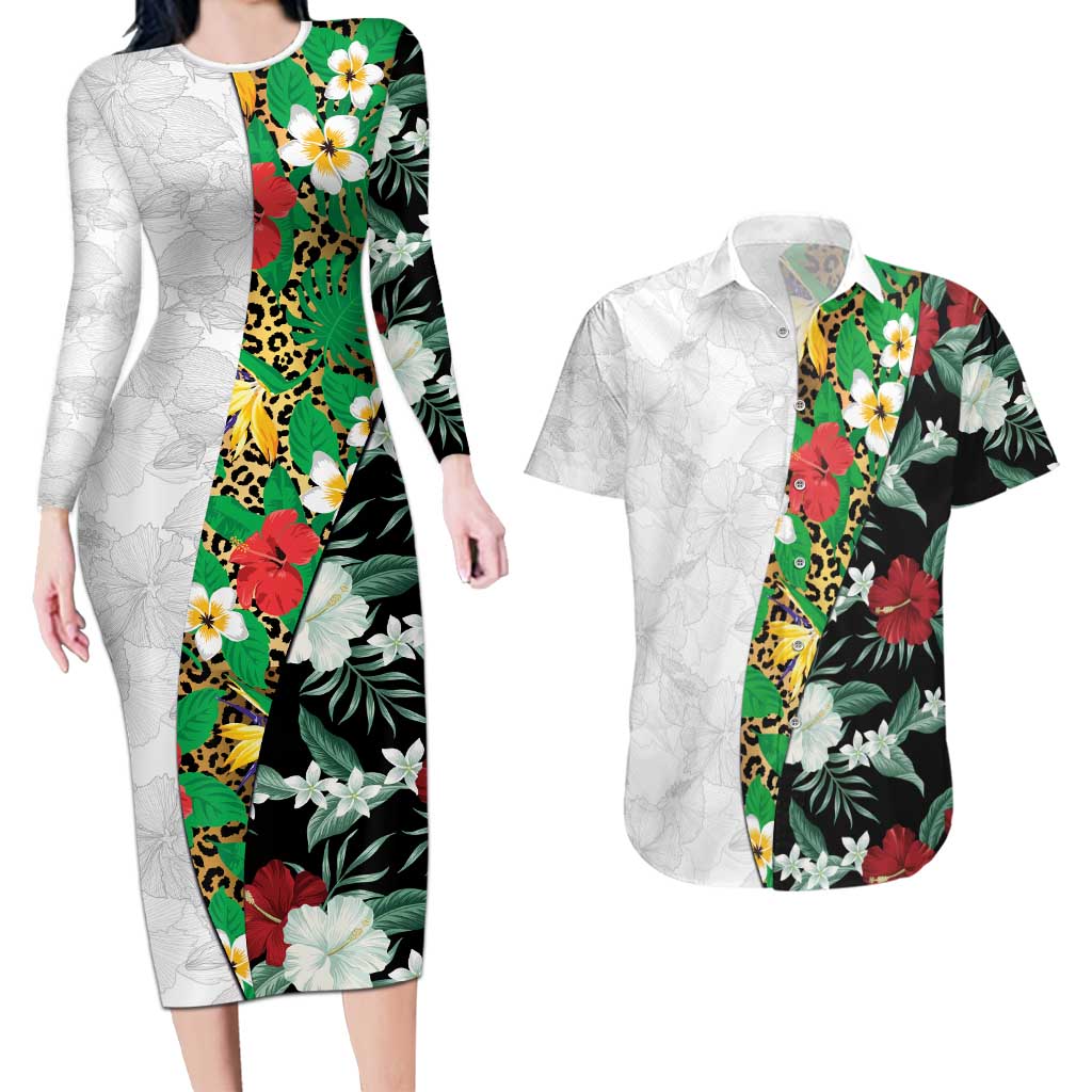 Hawaiian Tropical Flowers and Leaves Couples Matching Long Sleeve Bodycon Dress and Hawaiian Shirt on Leopard Pattern Half Style White-Black Version LT03 White - Polynesian Pride