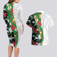 Hawaiian Tropical Flowers and Leaves Couples Matching Long Sleeve Bodycon Dress and Hawaiian Shirt on Leopard Pattern Half Style White-Black Version LT03 - Polynesian Pride