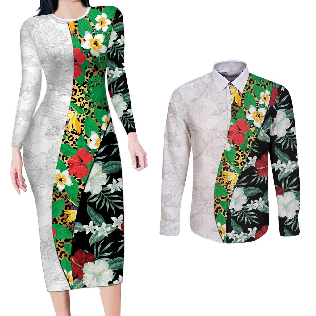 Hawaiian Tropical Flowers and Leaves Couples Matching Long Sleeve Bodycon Dress and Long Sleeve Button Shirt on Leopard Pattern Half Style White-Black Version LT03 White - Polynesian Pride