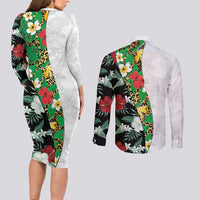 Hawaiian Tropical Flowers and Leaves Couples Matching Long Sleeve Bodycon Dress and Long Sleeve Button Shirt on Leopard Pattern Half Style White-Black Version LT03 - Polynesian Pride